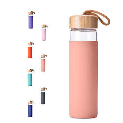 Yomious 20 Oz Borosilicate Glass Water Bottle with Bamboo Lid and Silicone Sleeve – Reusable BPA Free – Glass Drinking Bottle with Lids - Cute Glass Bottle for Women - Glass Shaker Bottle