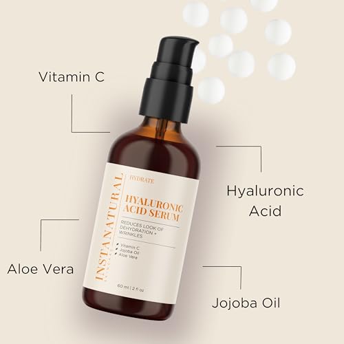 InstaNatural Hyaluronic Acid Face Serum, Brightens, Hydrates, Reduces the Look of Fine Lines and Wrinkles, with Vitamin C, Jojoba Oil, and Aloe Vera, 2 Fl Oz