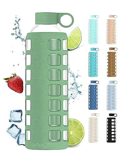 purifyou Premium 40/32 / 22/12 oz Glass Water Bottles with Volume & Times to Drink, Silicone Sleeve & Stainless Steel Lid Insert, Reusable Bottle for Fridge Water, Milk, Juice (32oz Shale Green)