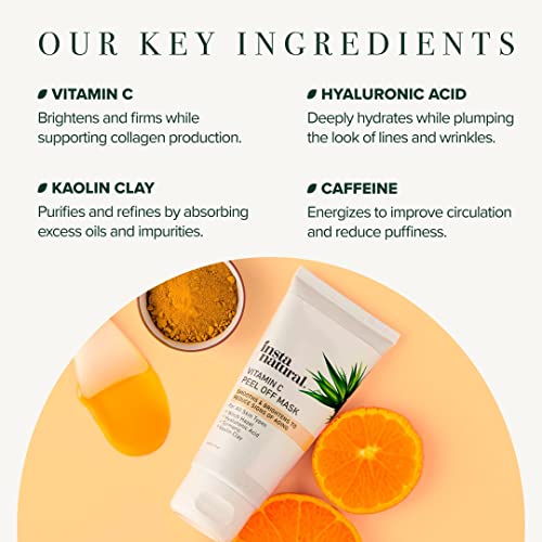 InstaNatural Vitamin C Peel Off Face Mask to Smooth, Brighten and Exfoliate with Kaolin Clay, Hyaluronic Acid, Witch Hazel, Turmeric and Caffeine, Blackhead Remover