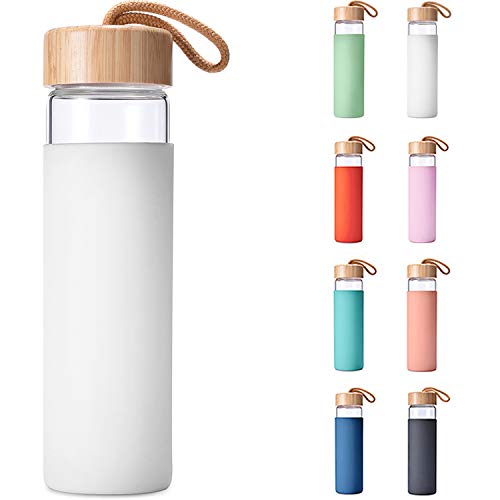 Yomious 20 Oz Borosilicate Glass Water Bottle with Bamboo Lid and Silicone Sleeve – Reusable BPA Free – Glass Drinking Bottle with Lids - Cute Glass Bottle for Women - Glass Shaker Bottle with Brush