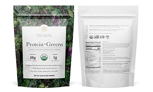 Truvani Protein + Greens | Organic, Non-GMO, Vegan, Gluten Free, Dairy Free | Daily Greens Combined with Protein | Great Taste with a Splash of Sweetness