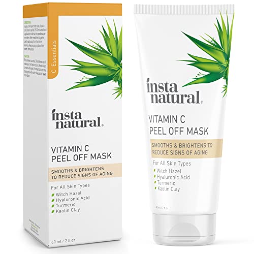 InstaNatural Vitamin C Peel Off Face Mask to Smooth, Brighten and Exfoliate with Kaolin Clay, Hyaluronic Acid, Witch Hazel, Turmeric and Caffeine, Blackhead Remover