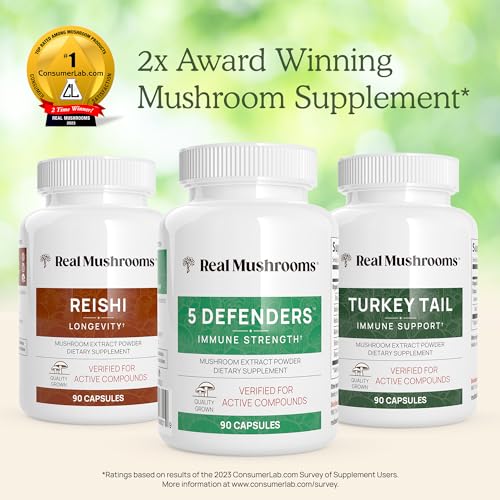 Real Mushrooms 5 Defenders Powder - Organic Mushroom Extract w/Chaga, Shiitake, Maitake, Turkey Tail, & Reishi - Supplement for Brain, Focus, & Immune Support - 45 Servings