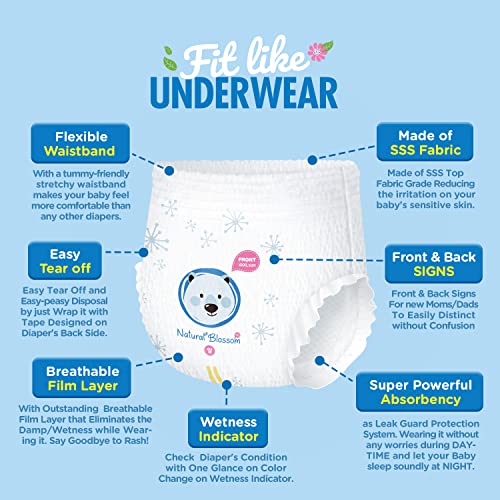Natural Blossom Easy Pull-up Diaper Pants | Size (7) 5T-6T (37 lbs and Over) | 72 Count (18ea*4packs) | Vegan - Super Soft - Hypoallergenic - Ultra-Slim