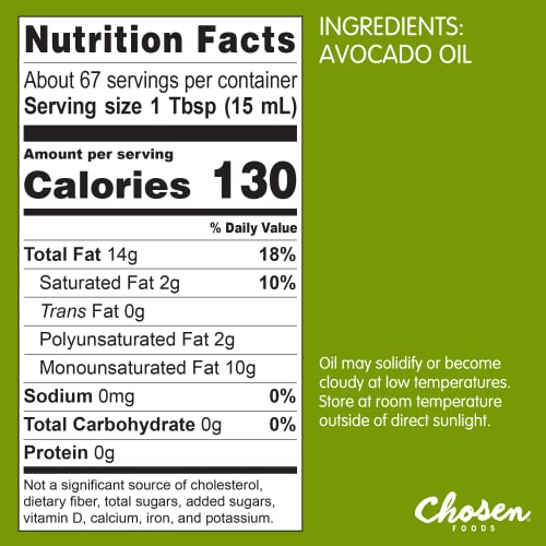 Chosen Foods 100% Pure Avocado Oil, Keto and Paleo Diet Friendly, Kosher Oil for Baking, High-Heat Cooking, Frying, Homemade Sauces, Dressings and Marinades (1 liter, 2 Pack)