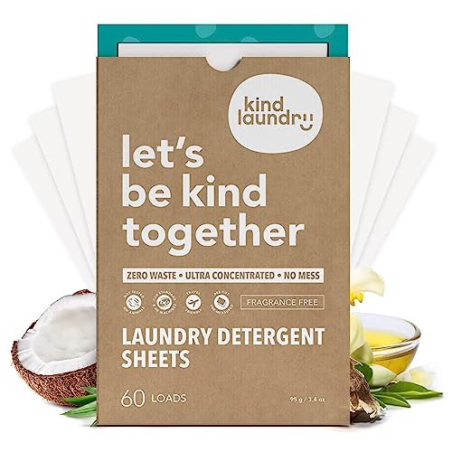Kind Laundry Detergent Sheets Fragrance Free, All Natural Travel Friendly Biodegradable Washing Eco Soap Strips and Chemical Free Formulation with Strong Cleaning Power (60 Loads)