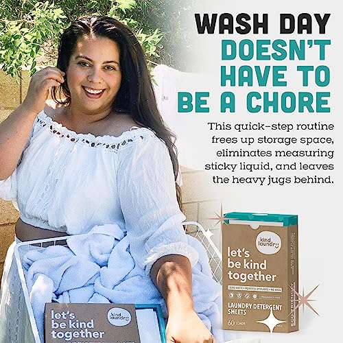 Kind Laundry Detergent Sheets Fragrance Free, All Natural Travel Friendly Biodegradable Washing Eco Soap Strips and Chemical Free Formulation with Strong Cleaning Power (60 Loads)